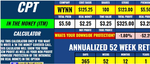 Covered Call In The Money ITM Spreadsheet software